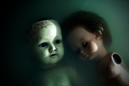 Creepy dolls in dark dirty waterの写真素材