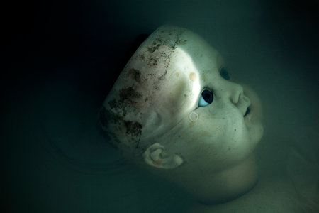 Creepy doll face in dark dirty waterの写真素材