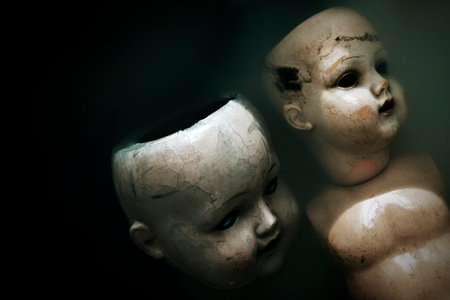 Creepy dolls in dark dirty waterの写真素材