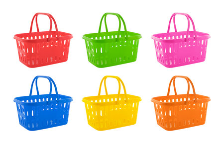 Collection of colorful shopping baskets isolated on white backgroundの写真素材