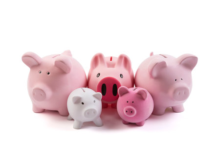Group of piggy banks over white background with clipping pathの写真素材