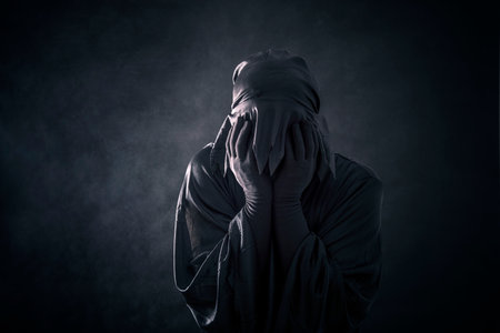Scary figure in hooded cloakの写真素材