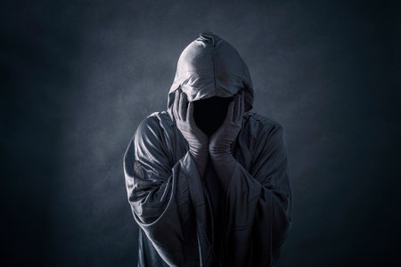 Scary figure in hooded cloakの写真素材