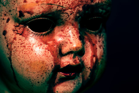 Creepy bloody doll in the darkの写真素材