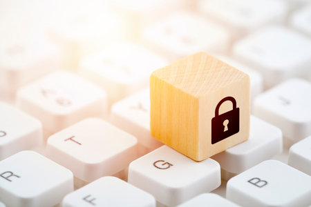 Wooden block with lock on graphic on computer keyboard. Computer security concept.