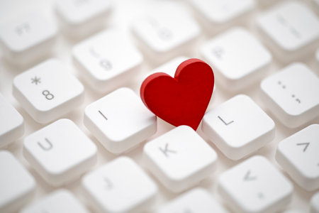 Small red heart on computer keyboard. Internet dating concept.の写真素材