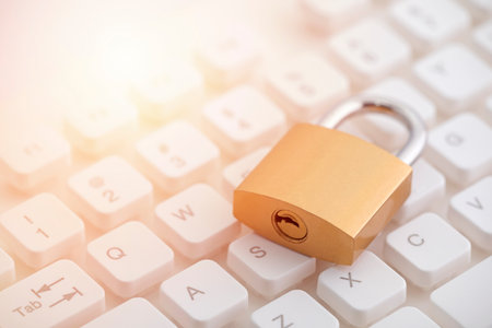 Security concept with metal padlock on computer keyboardの写真素材