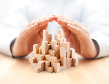 Safety business development concept. Wooden blocks covered by hands.の写真素材