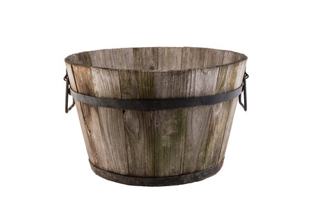 Vintage wooden flowerpot isolated on white backgroundの写真素材