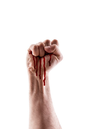 Raised hand showing blood pressure isolated on white backgroundの写真素材