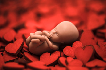 Human embryo on many red heartsの写真素材