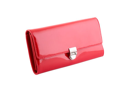 Red elegant leather wallet isolated on white backgroundの写真素材