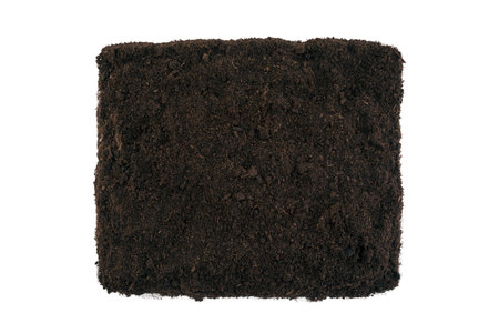 Square piece of soil isolated on white background. Gardening or planting concept.の写真素材