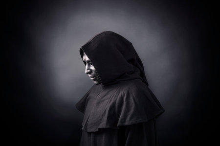 Scary figure in hooded cloak with maskの写真素材