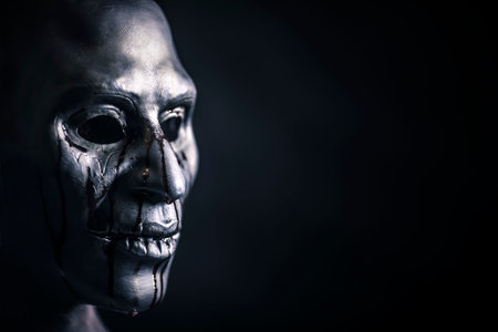 Scary figure with creepy bloody mask in the darkの写真素材