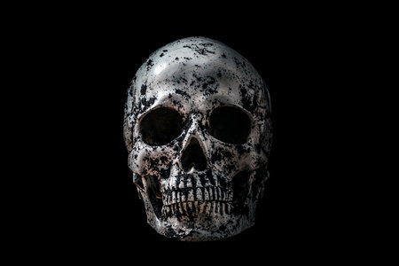 Human skull in black soil isolated on blackの写真素材
