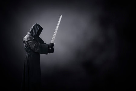Ghostly figure with medieval sword in the dark