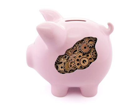 Mechanical piggy bank on white backgroundの写真素材