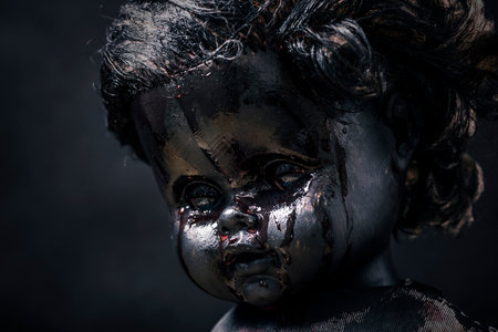 Creepy bloody doll in the darkの写真素材
