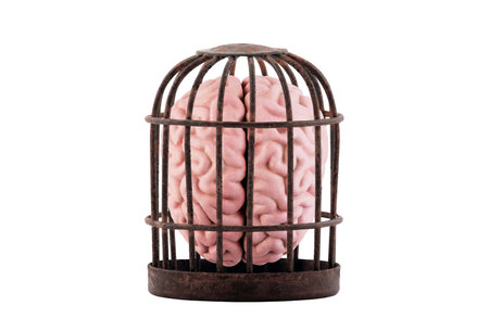 Human brain trapped in old rusty cage isolated on white. Free your mind concept.の写真素材