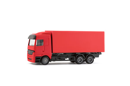 Red cargo delivery truck miniature isolated on white background with clipping pathの写真素材
