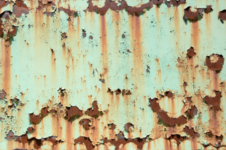 Peeled rusty green metal wall backgroundの写真素材