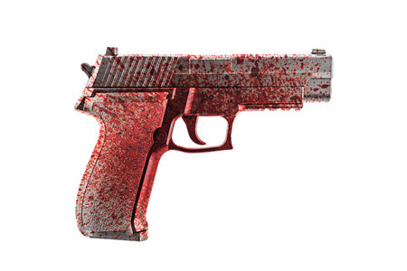 Pistol gun in red blood isolated on white backgroundの写真素材