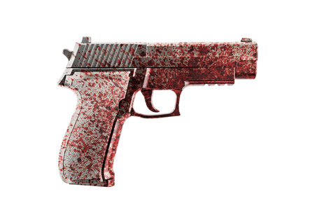 Pistol gun in red blood isolated on white backgroundの写真素材