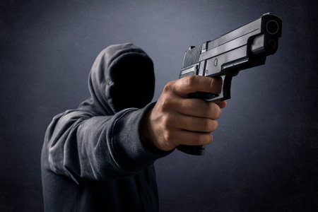 Hooded man with a gun in the darkの写真素材