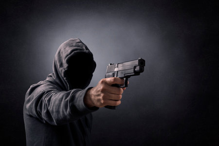 Hooded man with a gun in the darkの写真素材