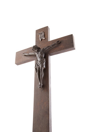 Old crucifix isolated on white backgroundの写真素材