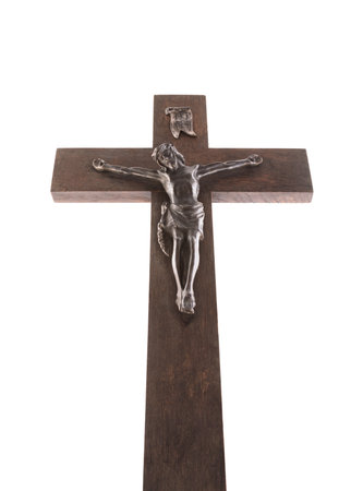 Old crucifix isolated on white backgroundの写真素材
