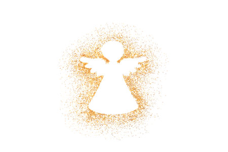 Angel Christmas decoration on golden glitter isolated on white backgroundの写真素材