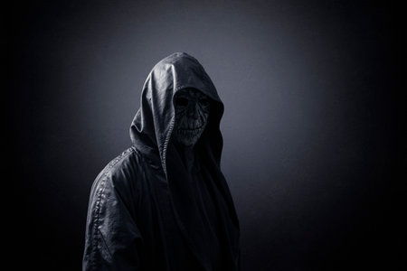 Ghostly figure in hooded cloak in the dark