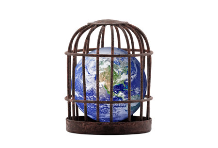 Planet Earth trapped in old rusty cage isolated on white. Lockdown concept.