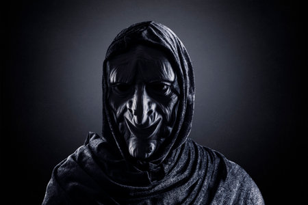 Portrait of a scary witch in hooded cloak
