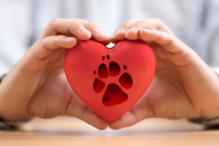 Red heart with dog paw print in handsの写真素材