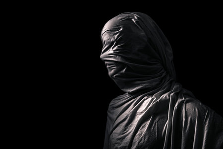 Portrait of a scary ghost isolated on blackの写真素材