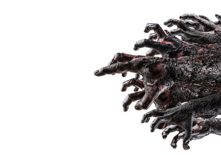 Group of creepy zombie hands isolated on white backgroundの写真素材