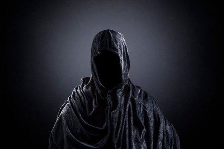 Scary figure with hooded cape in the darkの写真素材