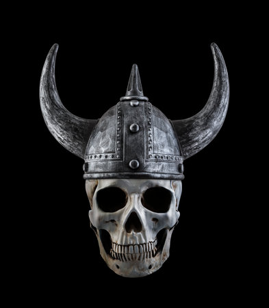 Human skull with viking horned helmet isolated on blackの写真素材