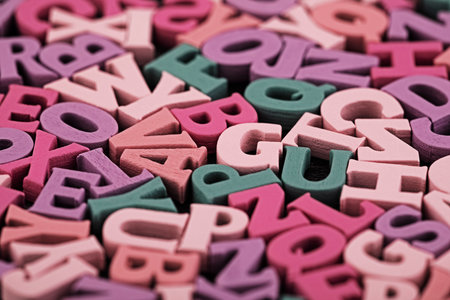 Pile of colorful painted wooden letters. Typography background composition.の写真素材