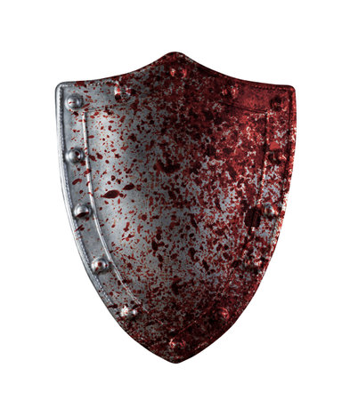 Old medieval shield in blood isolated on white backgroundの写真素材