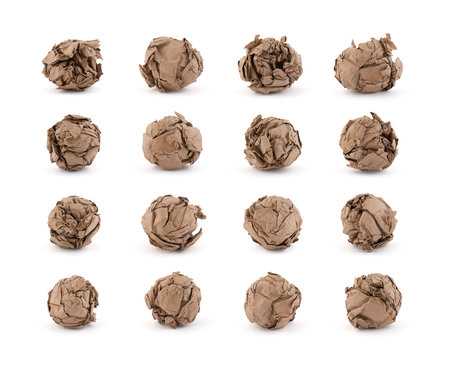 Set of crumpled brown paper ball on white backgroundの写真素材