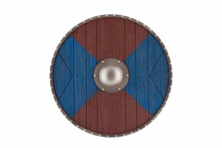 Round colored shield isolated on white background with clipping pathの写真素材
