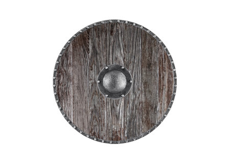 Old wooden round shield isolated on white background with clipping pathの写真素材