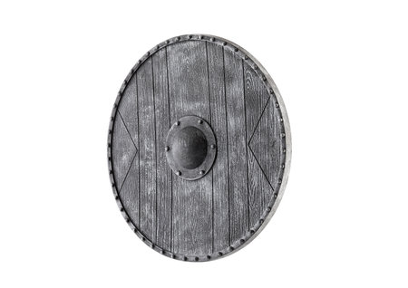 Old round shield isolated on white background with clipping pathの写真素材