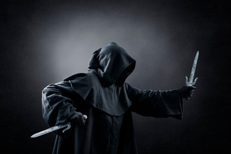 Hooded assassin with two daggers in the darkの写真素材