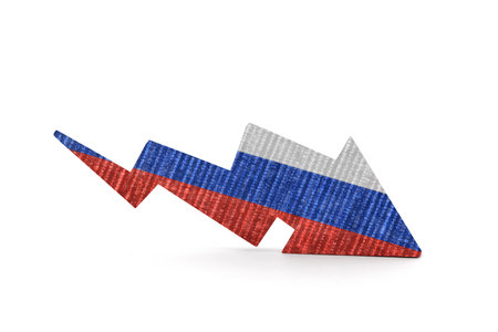 Russian financial crisis concept with falling arrow on white backgroundの写真素材