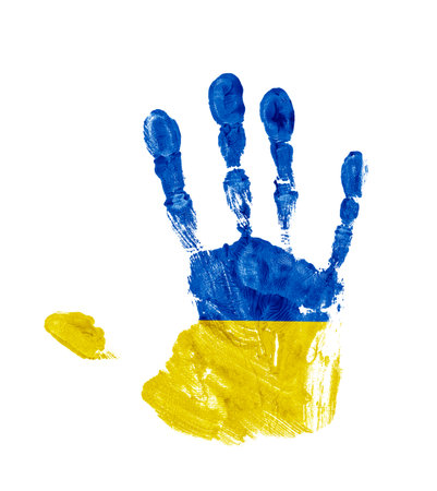 Handprint with the colors of the Ukrainian flag isolated on white backgroundの写真素材